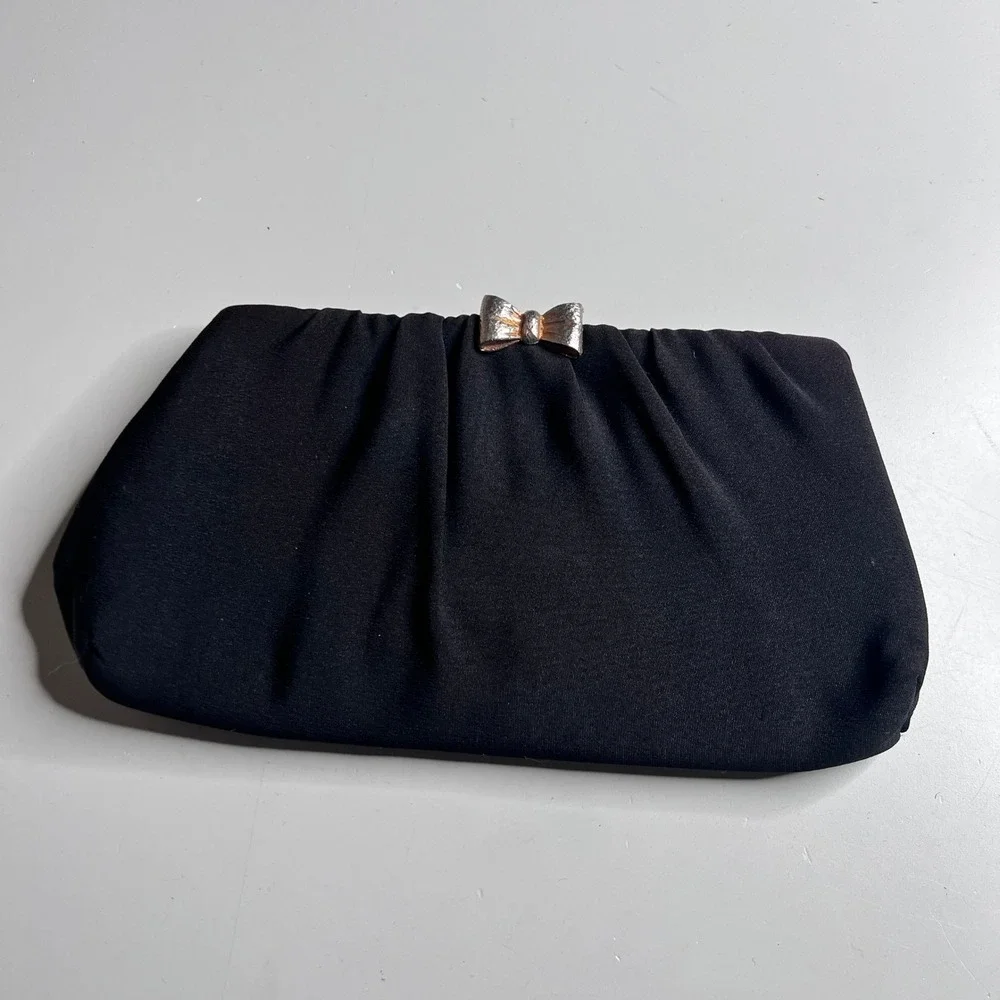 Vintage Black Fabric Evening Clutch Bag Silver Bow Clasp Pink Lining Made in USA